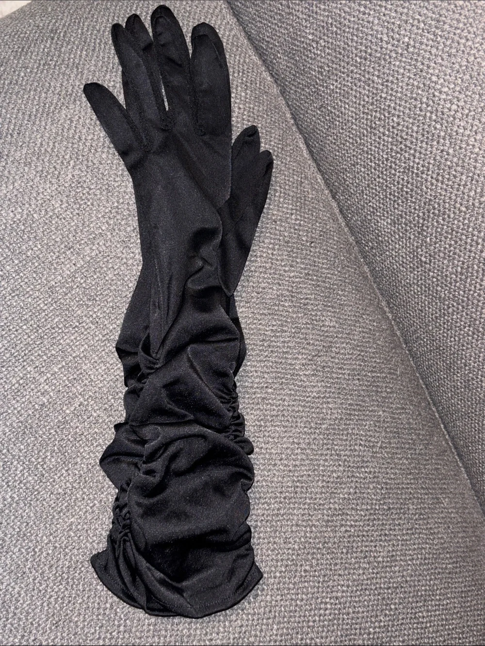 Black satin like ruched evening gloves